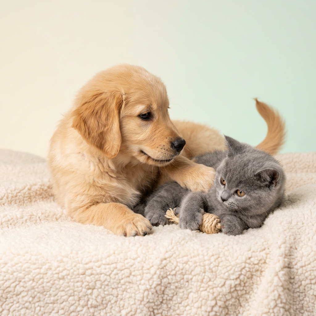 Pedigree puppy and kitten playing together